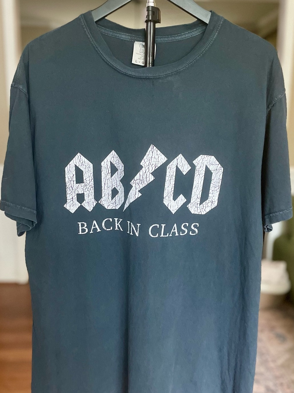 AB/CD "Back In Class" (AC/DC) Graphic Tee - Black with White Print, Size L